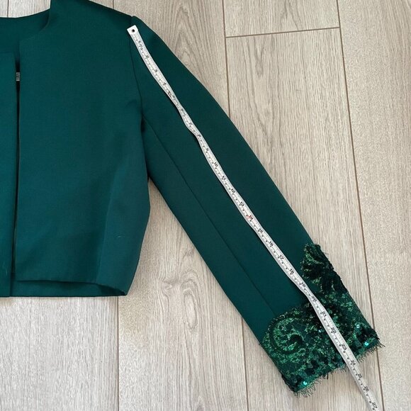Victor Costa Women Cropped Suit Jacket Sequined Long Sleeve Open Front Green - Picture 10 of 12